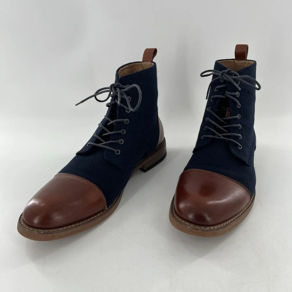 La Milano Mens Lace Up Boots Stance‎ Cognac Navy Leather Fabric Cap Toe Size 14
